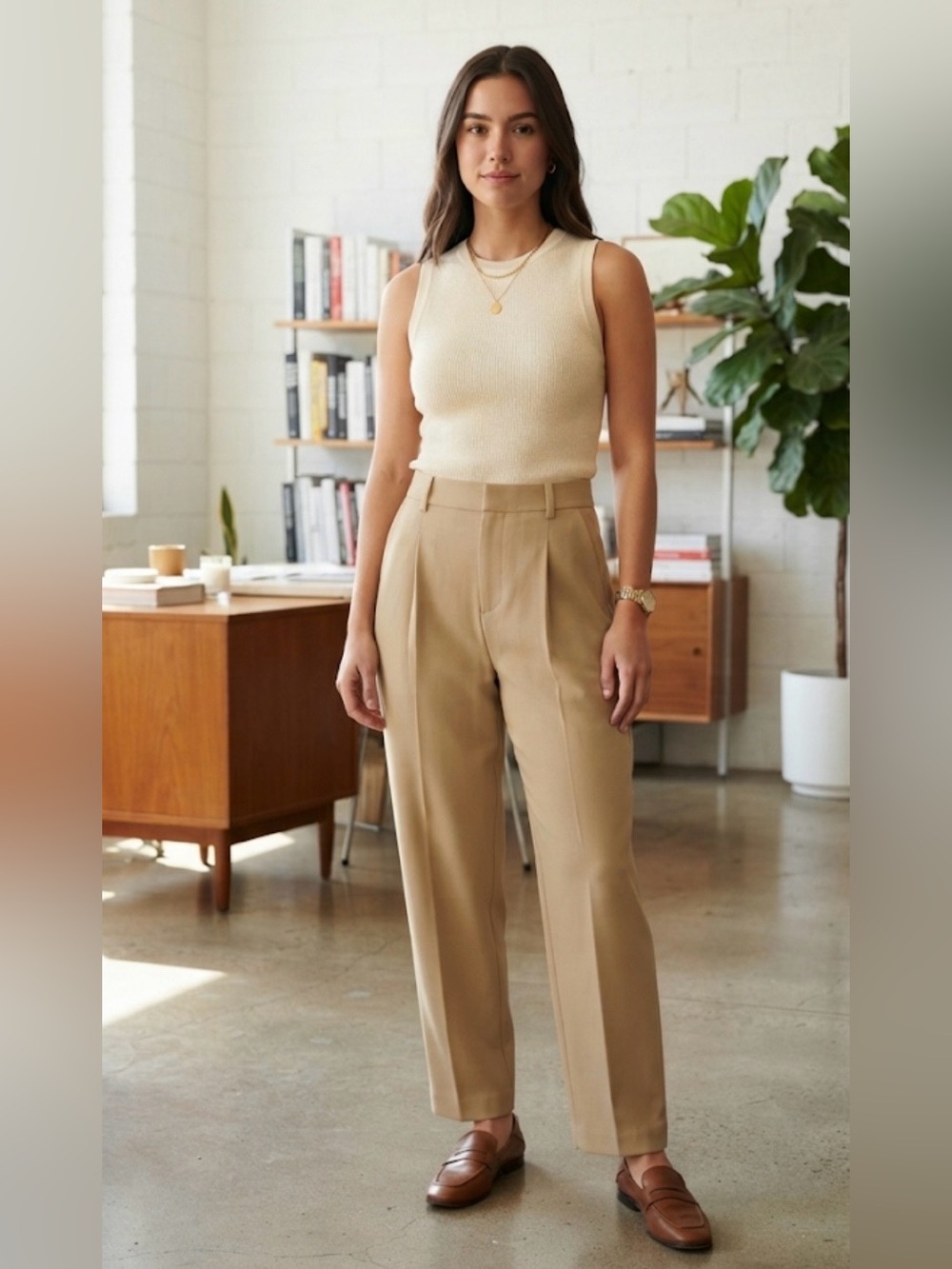 Zara Beige High-Waisted Pleated Tailored Trousers Pants Size XS